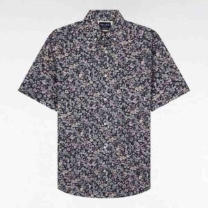 Chemise à manches courtes EDEN PARK en popeline de coton Pima gris foncé micromotif floral 05W1