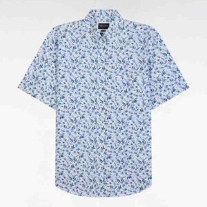 Chemise à manches courtes EDEN PARK en popeline de coton bleue imprimé végétal 05VX