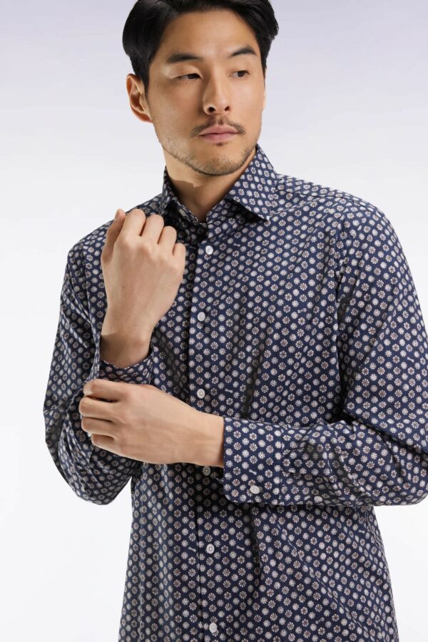 Chemise en coton marine EDEN PARK à imprimé floral graphique coupe droite 068B