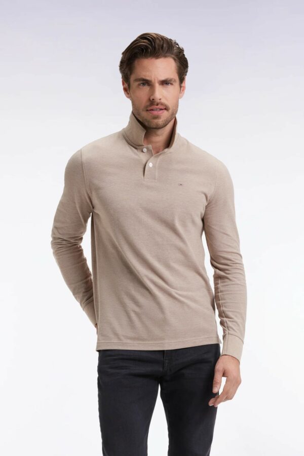Polo à manches longues EDEN PARK en coton chiné beige coupe droite 0690
