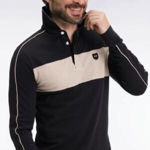 Polo tricolore à manches longues EDEN PARK en coton stretch noir 0692