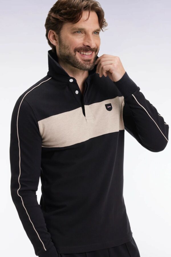 Polo tricolore à manches longues EDEN PARK en coton stretch noir 0692
