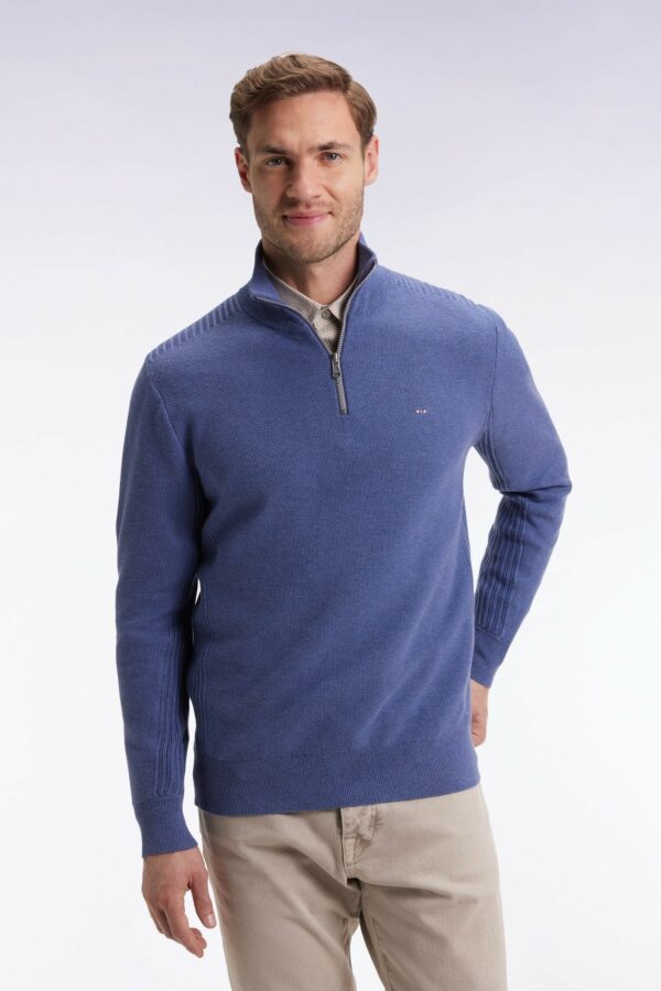 Pull col camionneur EDEN PARK en coton nid d'abeille bleu 069D