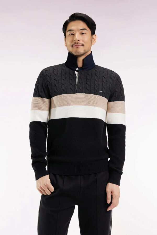 Pull col maillot EDEN PARK en laine et coton torsadé noir et gris 069E