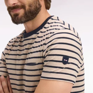 T-shirt à manches courtes en coton stretch rayé beige 06G0