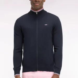 Cardigan zippé EDEN PARK en coton marine à bords-côtes rayés 06FC