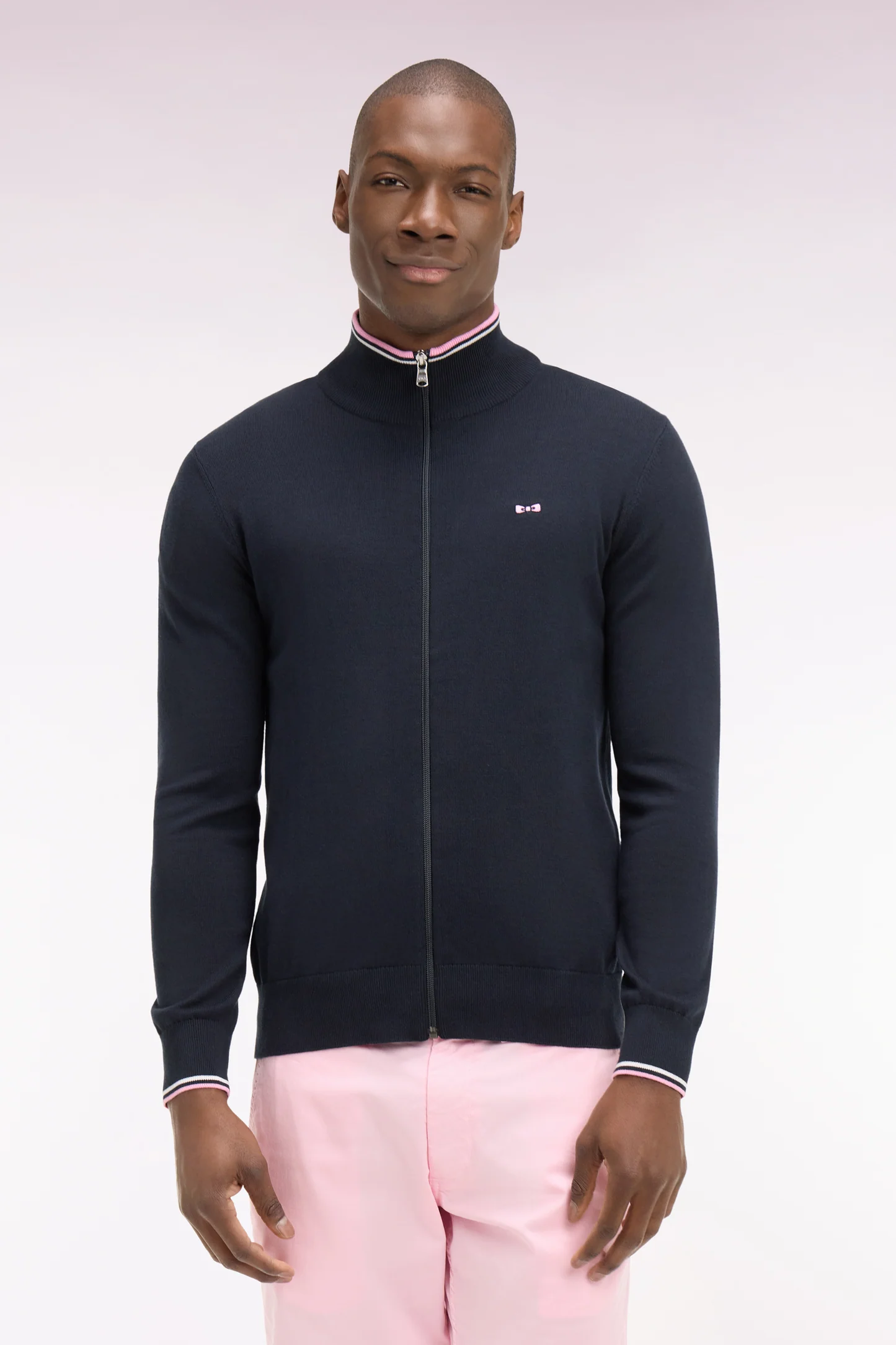 Cardigan zippé EDEN PARK en coton marine à bords-côtes rayés 06FC