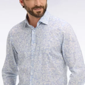 Chemise EDEN PARK en popeline de coton bleu ciel à micromotifs végétal coupe slim 06F6