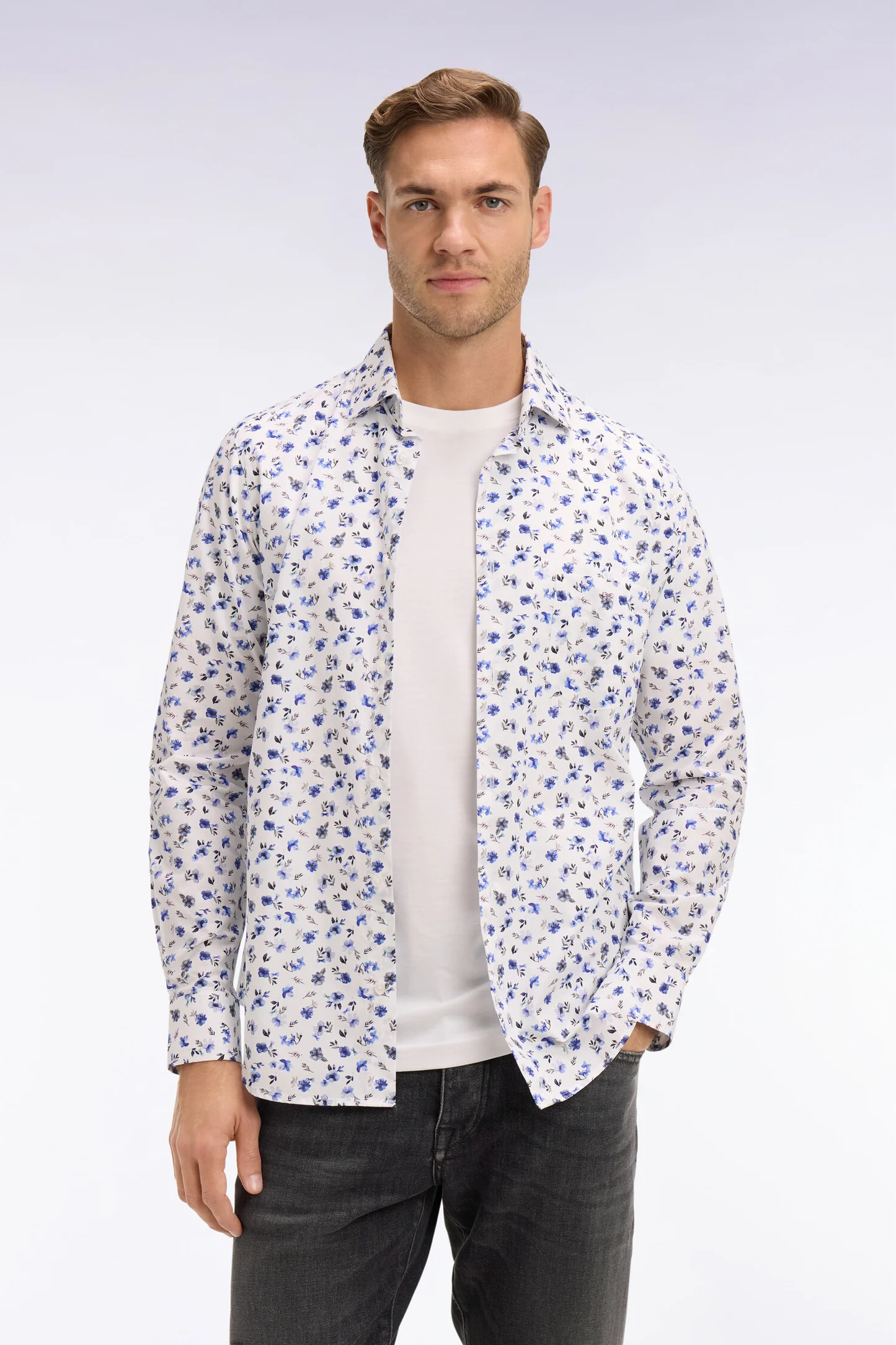 Chemise EDEN PARK en popeline de coton imprimé floral bleu coupe slim 06F5 – Image 2