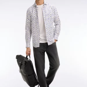 Chemise EDEN PARK en popeline de coton imprimé floral bleu coupe slim 06F5