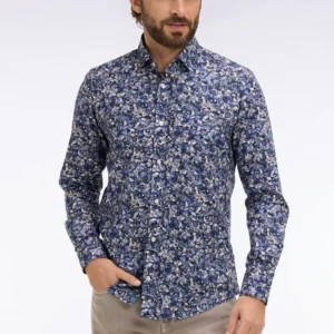 Chemise EDEN PARK en popeline de coton marine à microimprimé floral coupe slim 06F8