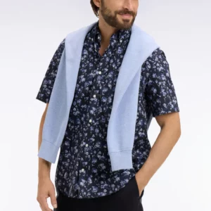 Chemise à manches courtes EDEN PARK en coton Pima marine à motif floral 06EZ