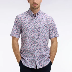 Chemise à manches courtes EDEN PARK en coton à motif floral rose et bleu 06ES