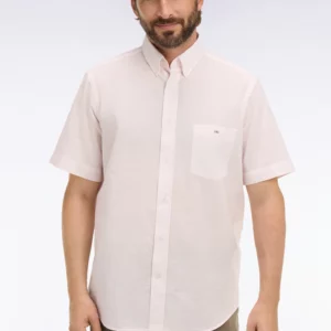 Chemise à manches courtes EDEN PARK en coton jacquard rayé rose 06EY