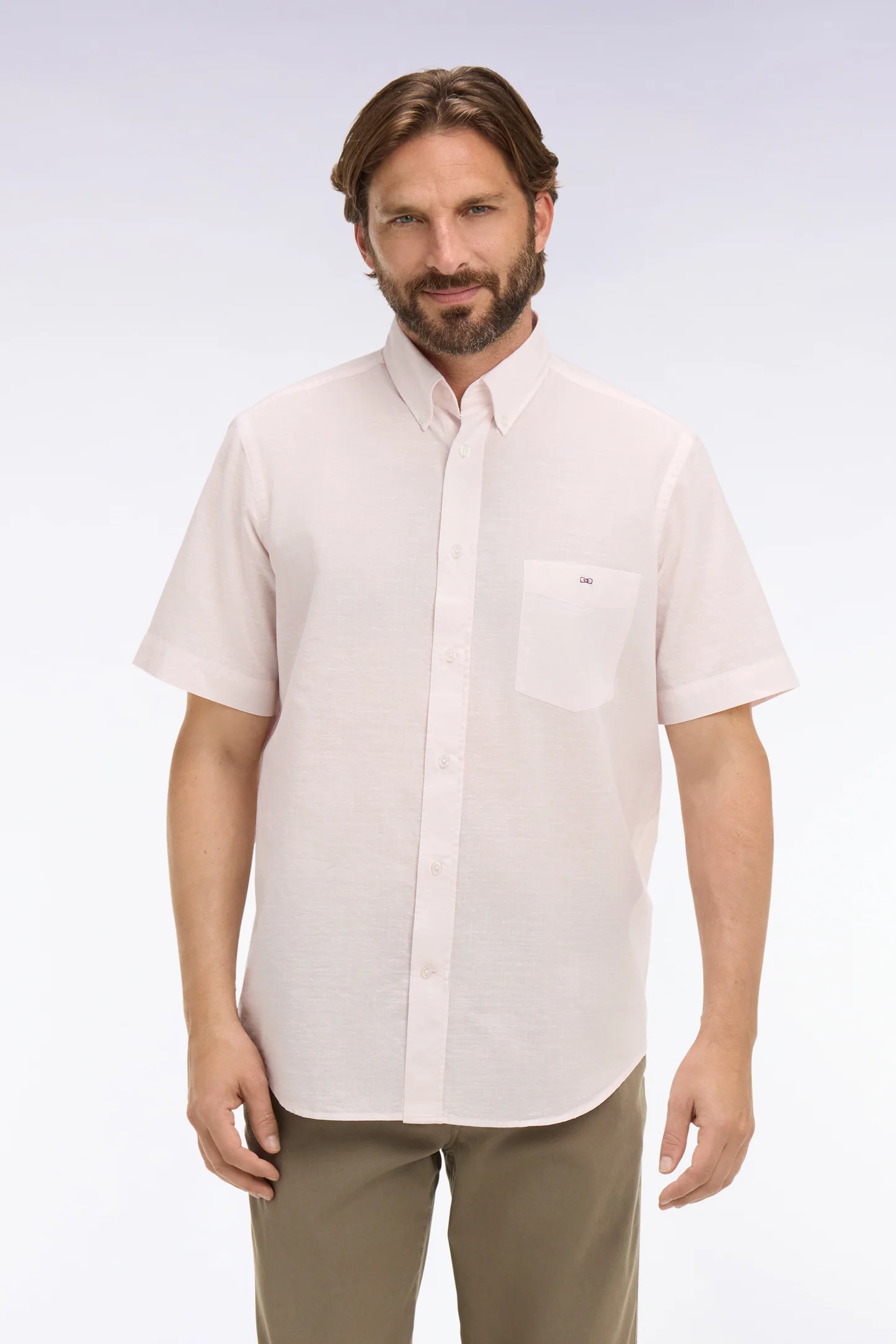 Chemise à manches courtes EDEN PARK en coton jacquard rayé rose 06EY