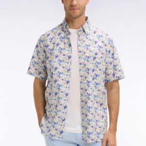 Chemise à manches courtes EDEN PARK en popeline et chambray à motif floral bleu 06ER