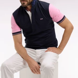 Maillot à manches courtes EDEN PARK en coton rose et marine coupe regular broderie dos 06FF