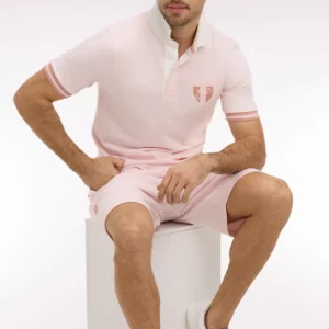 Maillot à manches courtes EDEN PARK en jersey de coton rose écusson brodé 06FE