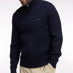 Cardigan zippé EDEN PARK à col camionneur en laine et coton marine côtelé 065W