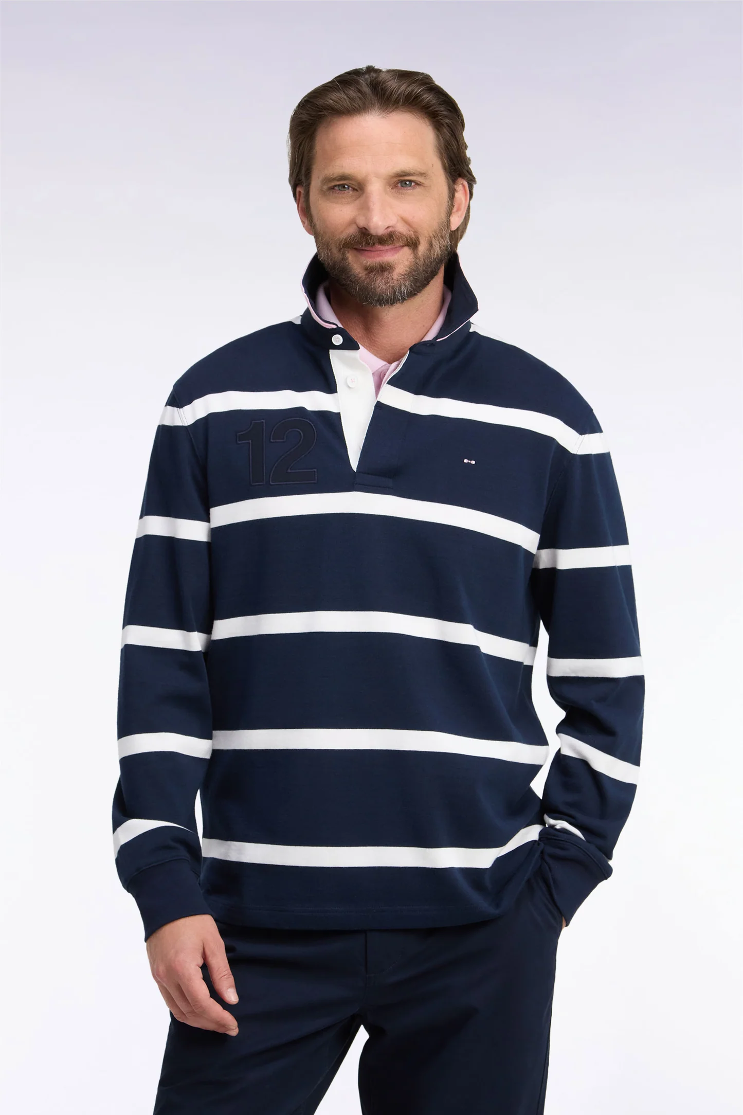 Maillot manches longues EDEN PARK en jersey de coton marine rayé broderie dos 06RZ