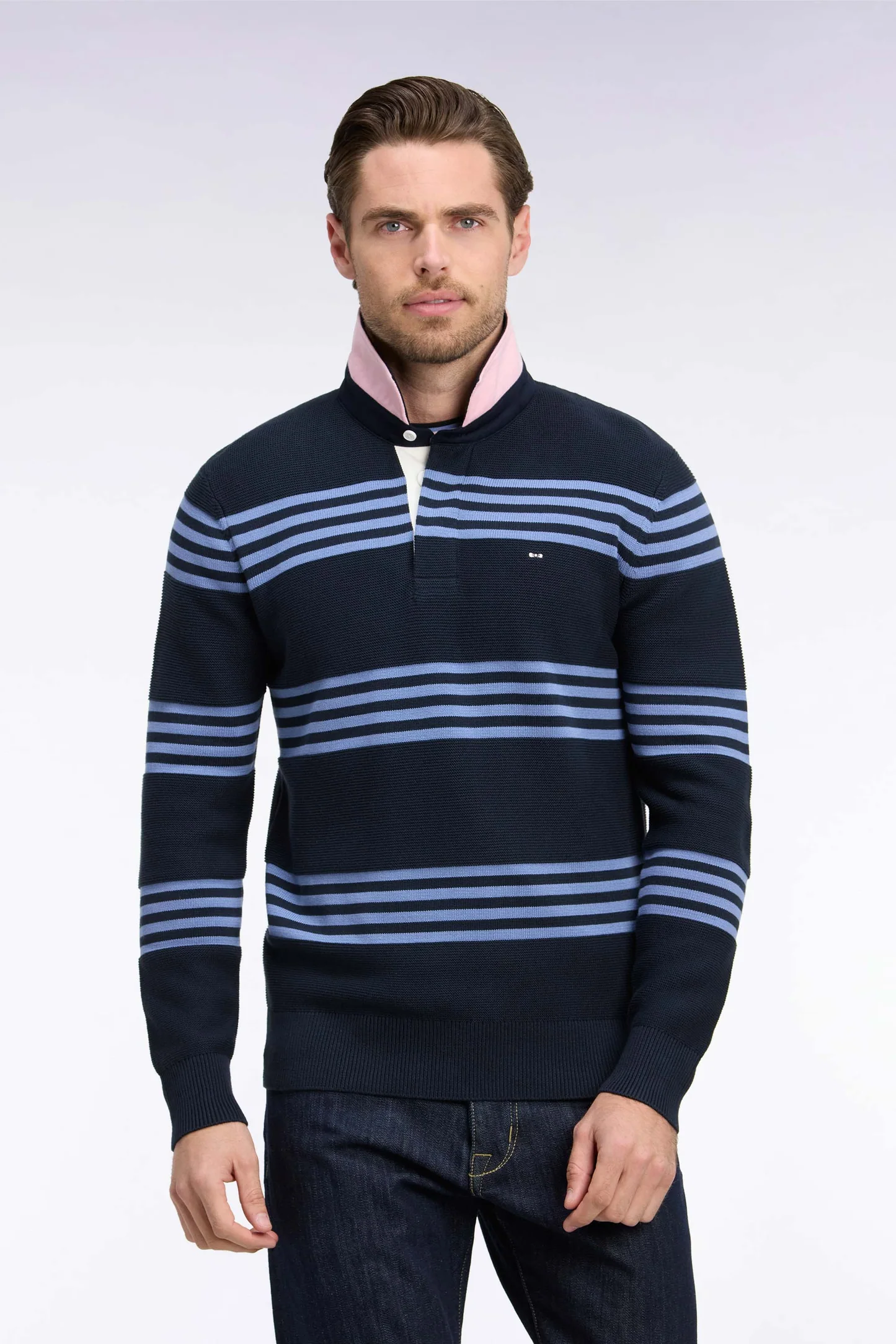 Pull à col maillot EDEN PARK en coton bleu et marine 06SL – Image 2