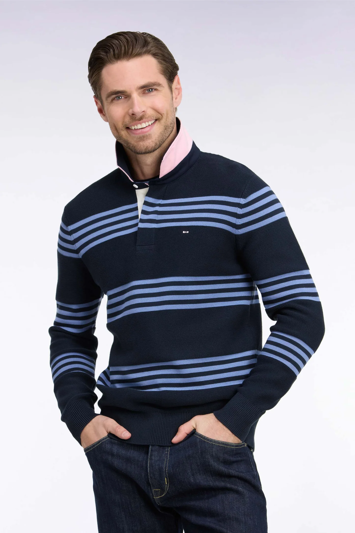 Pull à col maillot EDEN PARK en coton bleu et marine 06SL