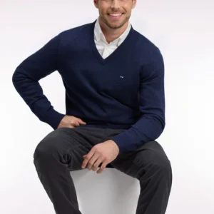 Pull col V EDEN PARK en laine et coton bleu 06SH