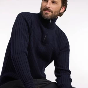 Pull col camionneur EDEN PARK en laine et coton marine côtelé 06SM