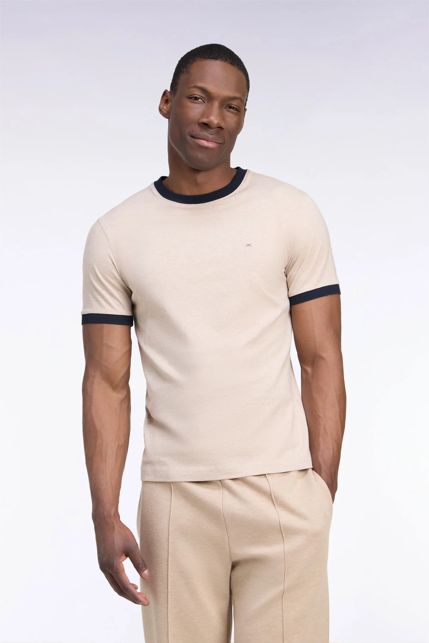 T-shirt manches courtes EDEN PARK en coton beige bords-côtes marine 06V5 – Image 3
