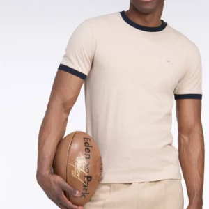T-shirt manches courtes EDEN PARK en coton beige bords-côtes marine 06V5