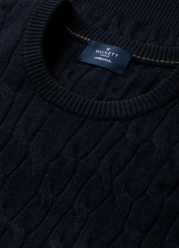pull HACKETT en laine d'agneau à maille torsadée à col rond 06XG – Image 5
