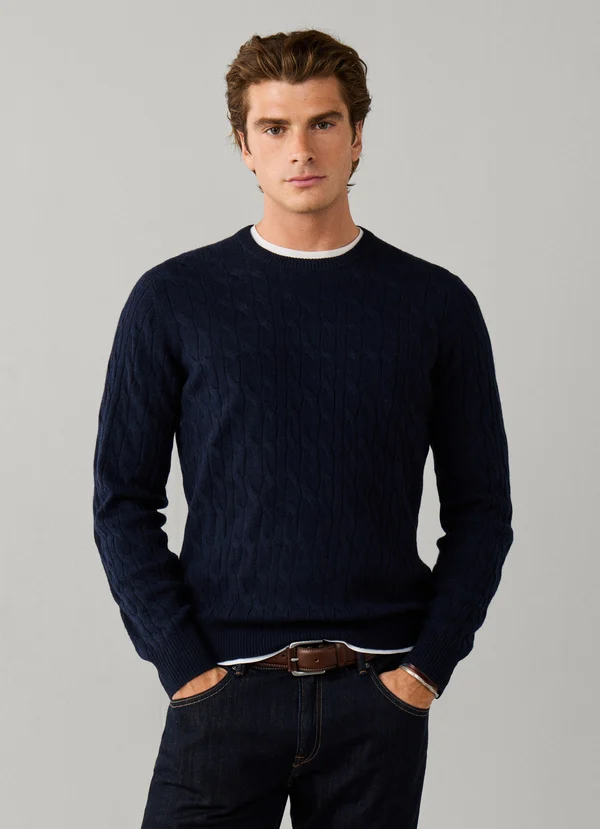 pull HACKETT en laine d'agneau à maille torsadée à col rond 06XG – Image 3